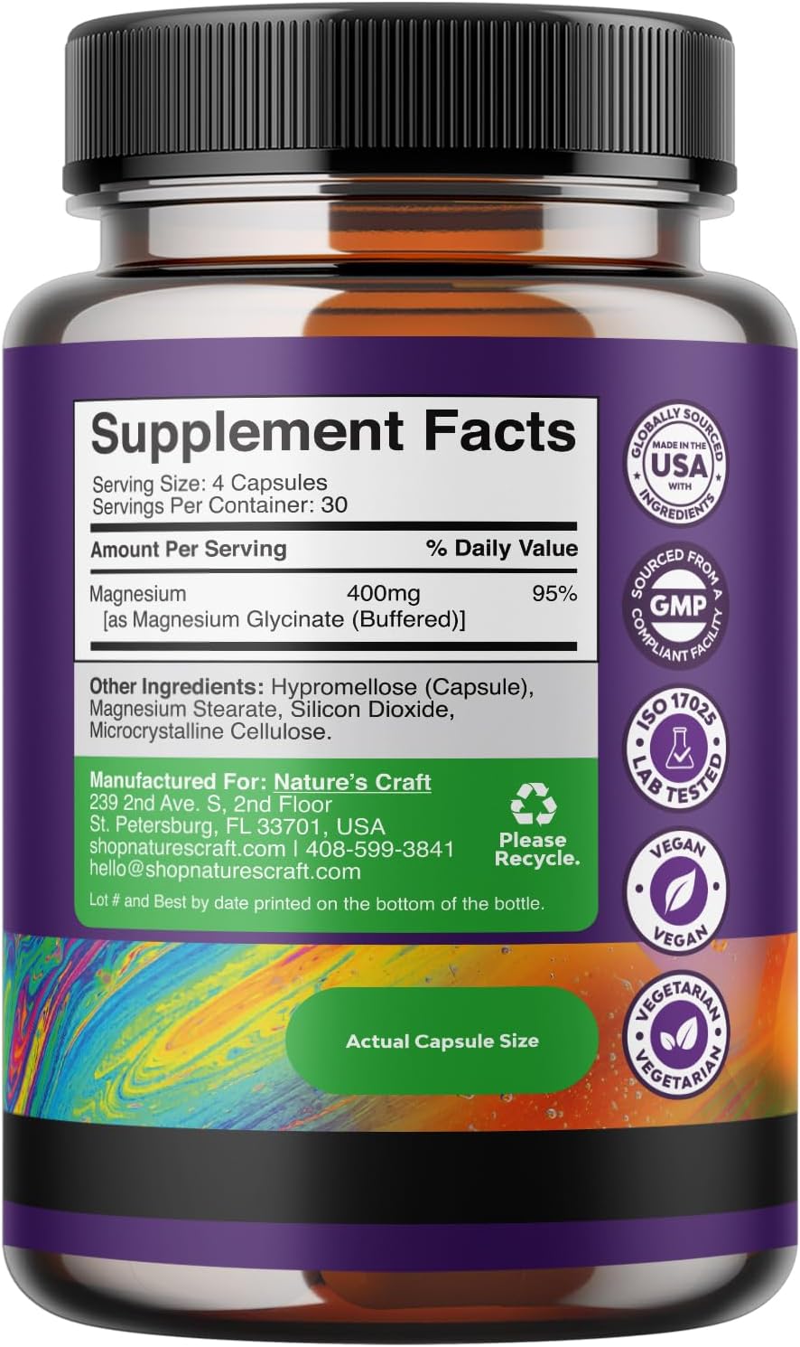 High Absorption Vegan Magnesium Glycinate Capsules - 400mg for Mood, Sleep, and Relaxation - 30 Servings per Bottle