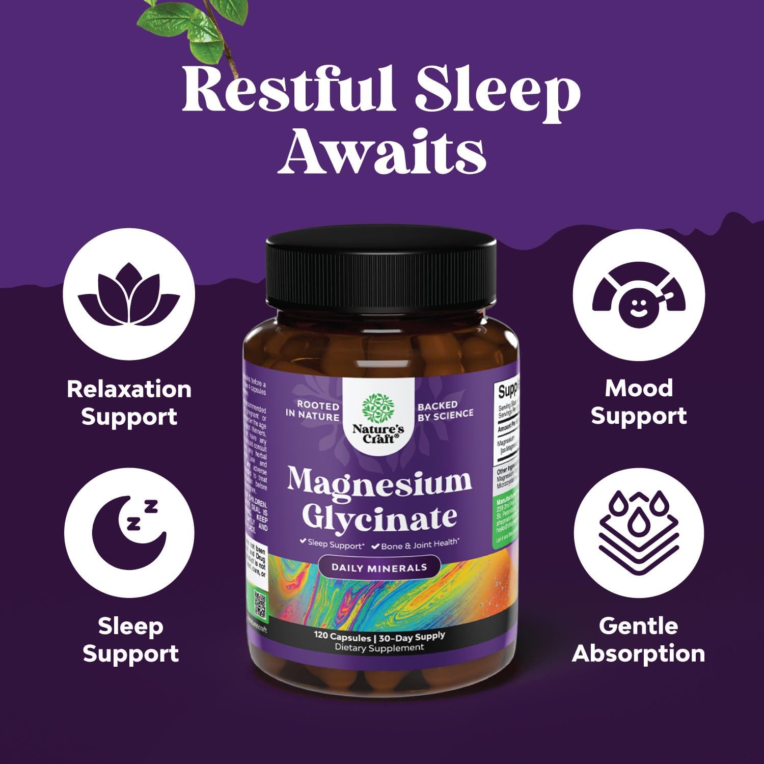 High Absorption Vegan Magnesium Glycinate Capsules - 400mg for Mood, Sleep, and Relaxation - 30 Servings per Bottle