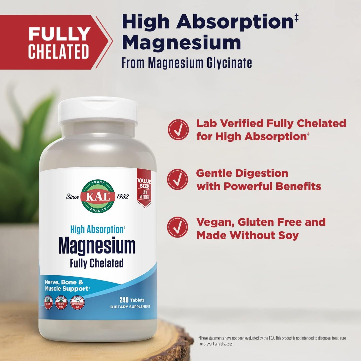 High Absorption Vegan Magnesium Glycinate Tablets with Bisglycinate Chelate for Nerve, Muscle & Bone Health - 240 Tablets
