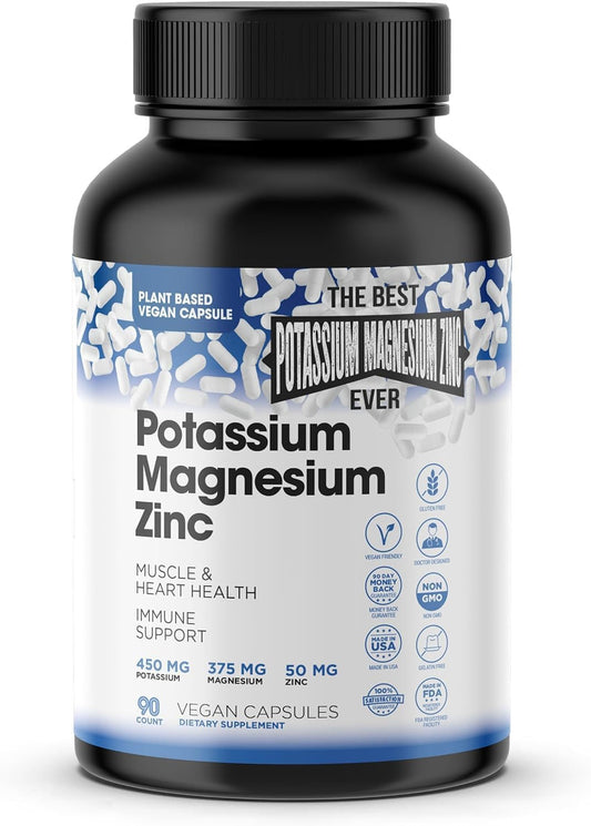 High Absorption Vegan Magnesium Potassium Zinc Supplement - 90 Capsules for Vascular Health, Leg Cramps & Sleep - GINSPIRE NUTRITION Supplement