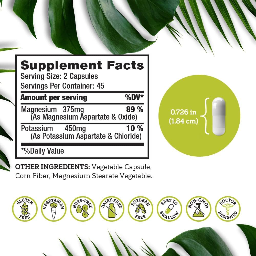 High Absorption Vegan Potassium Magnesium Supplement - 90 Count for Sleep & Leg Cramp Relief - Doctor Designed Formula