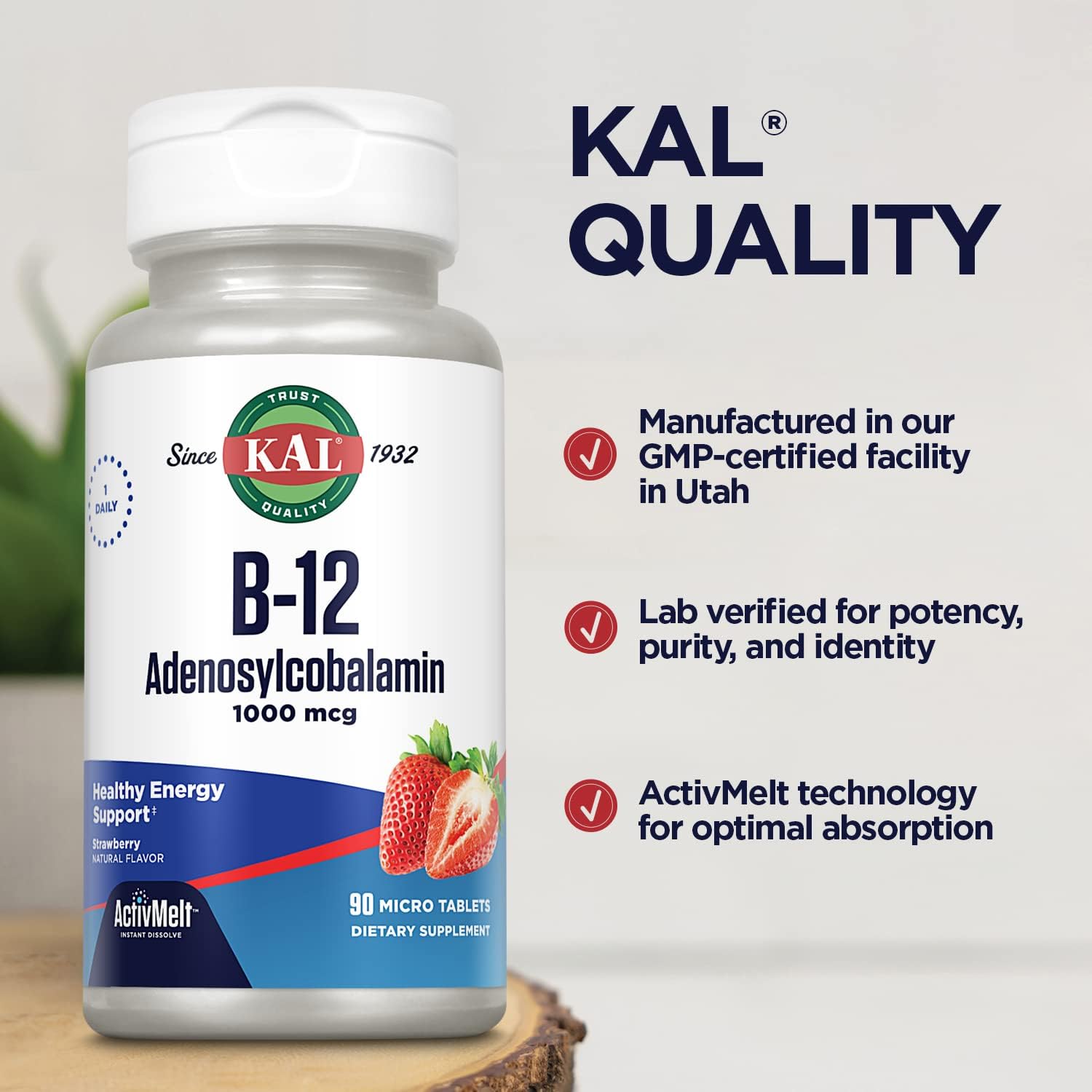 High Absorption Vitamin B12 1000 mcg ActivMelt Tablets for Energy, Metabolism, Nerve & Red Blood Cell Support - 90 Servings