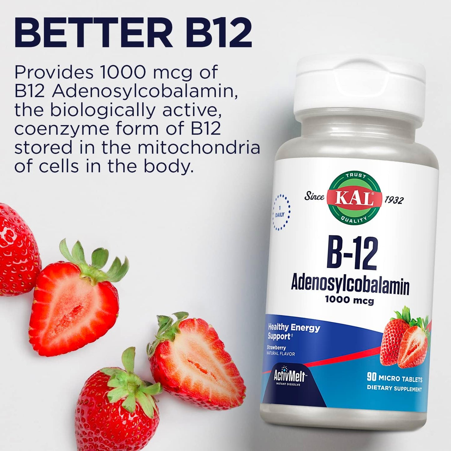 High Absorption Vitamin B12 1000 mcg ActivMelt Tablets for Energy, Metabolism, Nerve & Red Blood Cell Support - 90 Servings
