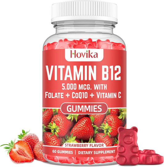 High Absorption Vitamin B12 Complex Energy Gummies with CoQ10, Folate, Vitamin C - 60 Count Chewable B12 for Energy Support & Bone Health