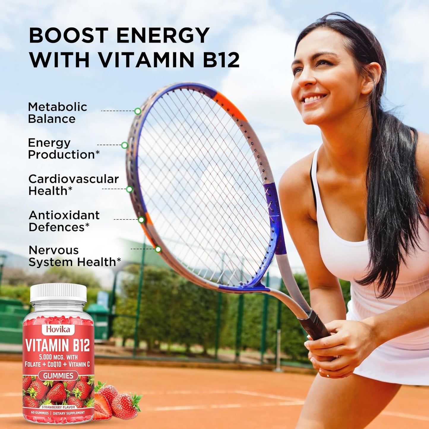 High Absorption Vitamin B12 Complex Energy Gummies with CoQ10, Folate, Vitamin C - 60 Count Chewable B12 for Energy Support & Bone Health