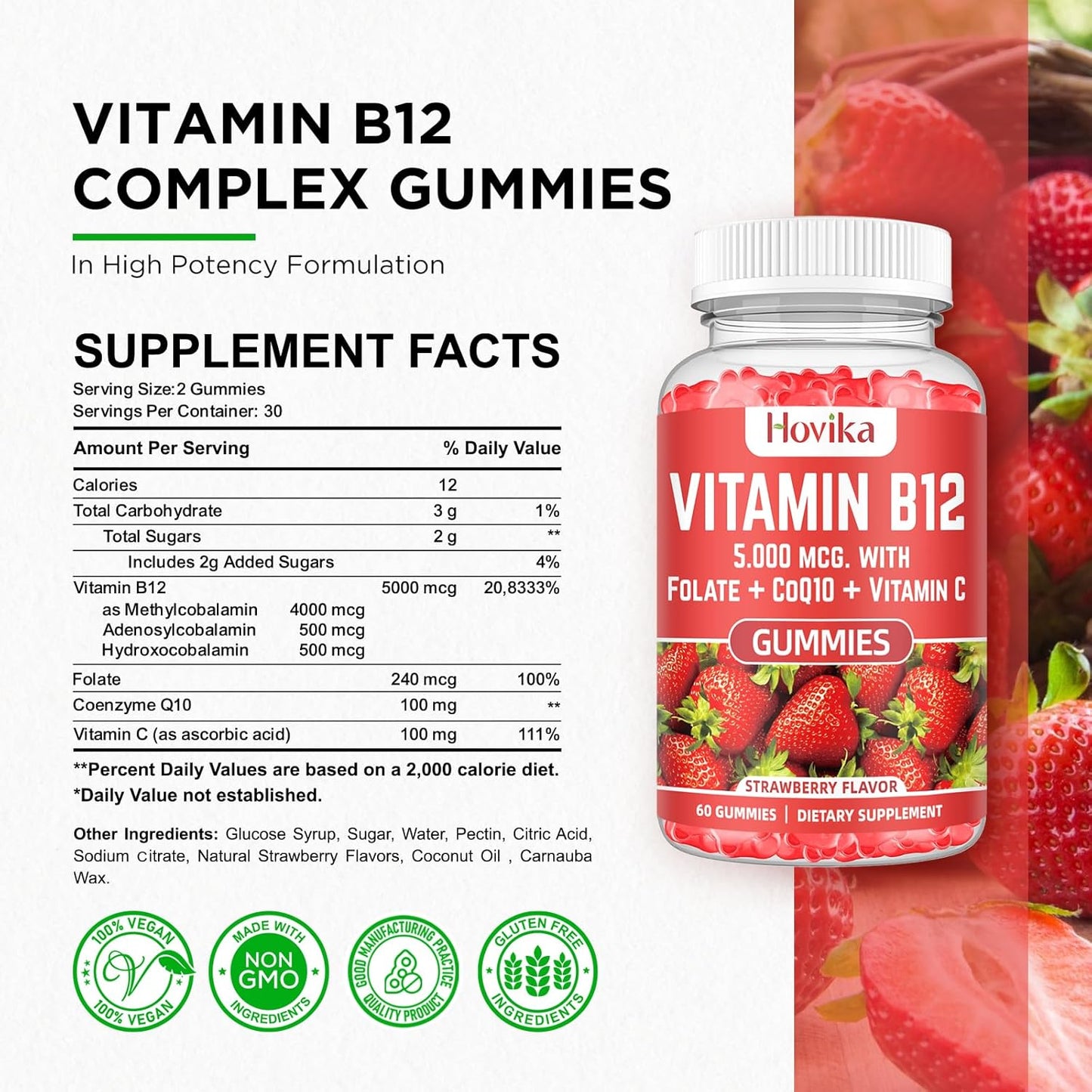 High Absorption Vitamin B12 Complex Energy Gummies with CoQ10, Folate, Vitamin C - 60 Count Chewable B12 for Energy Support & Bone Health