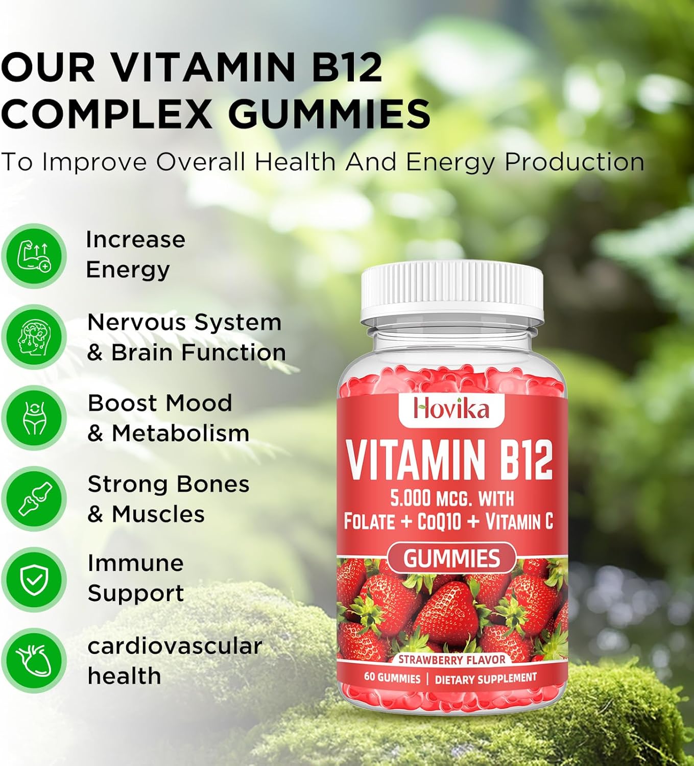 High Absorption Vitamin B12 Complex Energy Gummies with CoQ10, Folate, Vitamin C - 60 Count Chewable B12 for Energy Support & Bone Health