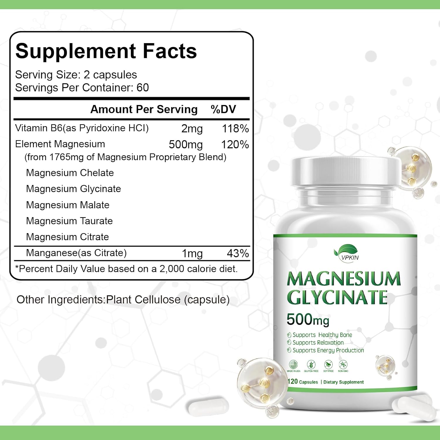 High Absorption VPKIN Magnesium Supplement Capsules with Vitamin B6 for Immune System and Energy Support - Vegan, Non GMO (120 Caps)