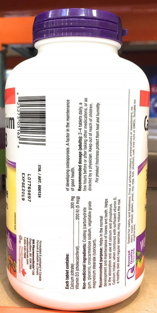 High Absorption Webber Naturals Calcium Citrate with Vitamin D3 300mg / 200IU, 350 Tablets