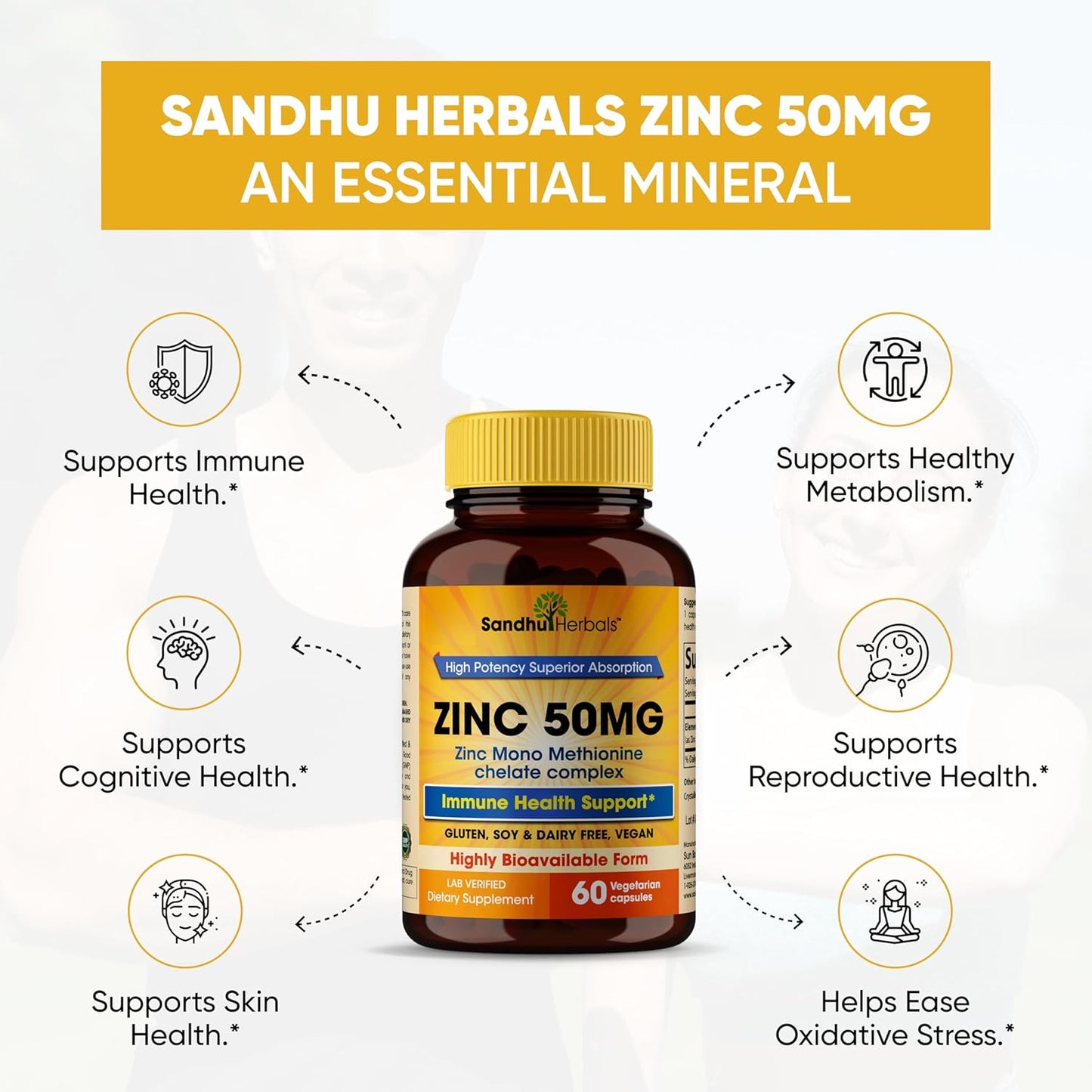 High Absorption Zinc Monomethionine Complex Supplement - 60 Capsules for Immune, Acne, and Antioxidant Support - Vegetarian Formula for Men & Women by Sandhu Herbals