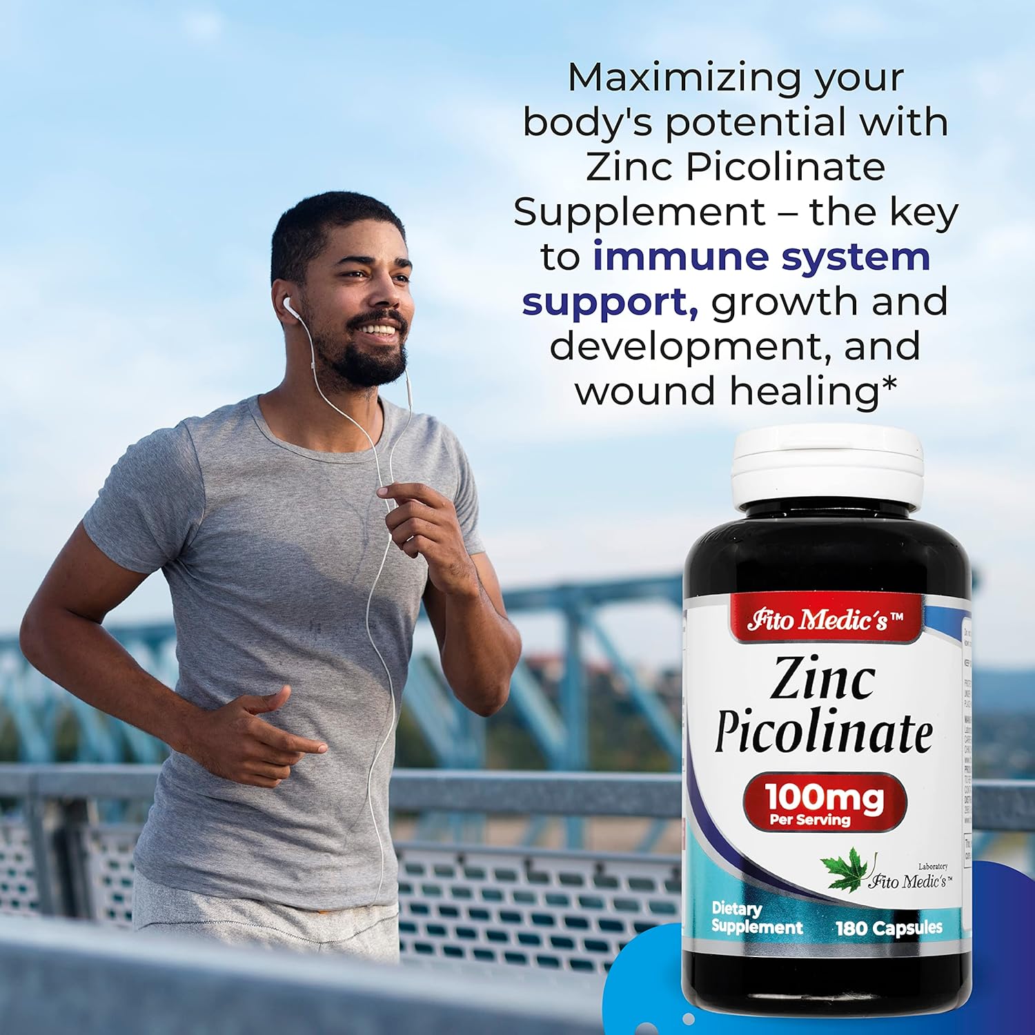 High Absorption Zinc Picolinate Supplement - 100mg, 180 Capsules for Immune Support by Fito Medic's Lab