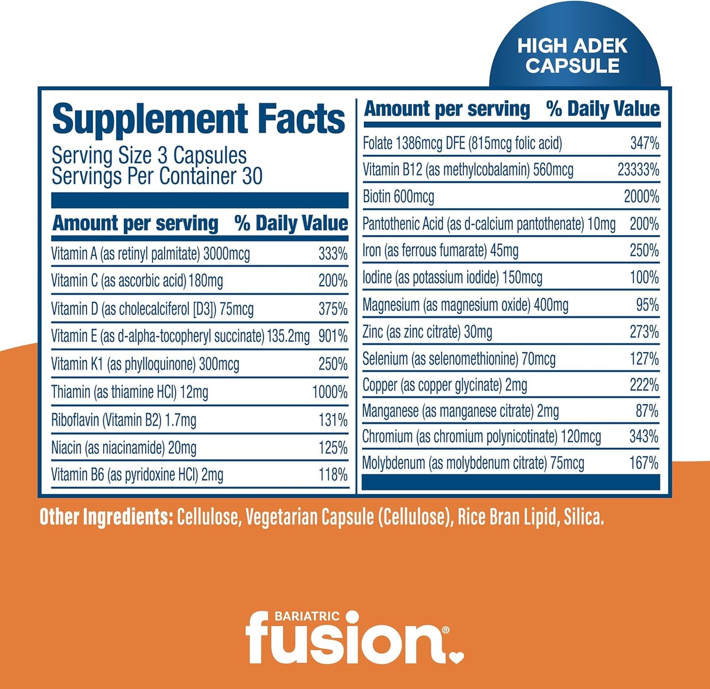 High ADEK Multivitamin with Iron for Duodenal Switch | Easy-to-Swallow Bariatric Fusion Vitamins | 90 Capsules