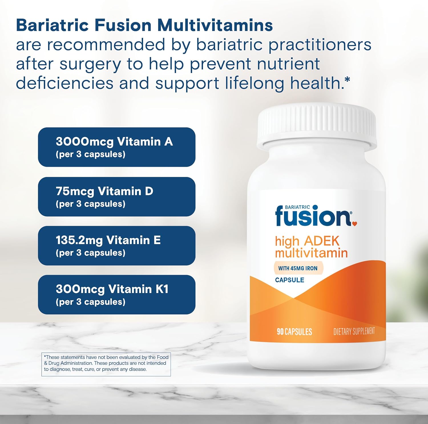 High ADEK Multivitamin with Iron for Duodenal Switch | Easy-to-Swallow Bariatric Fusion Vitamins | 90 Capsules