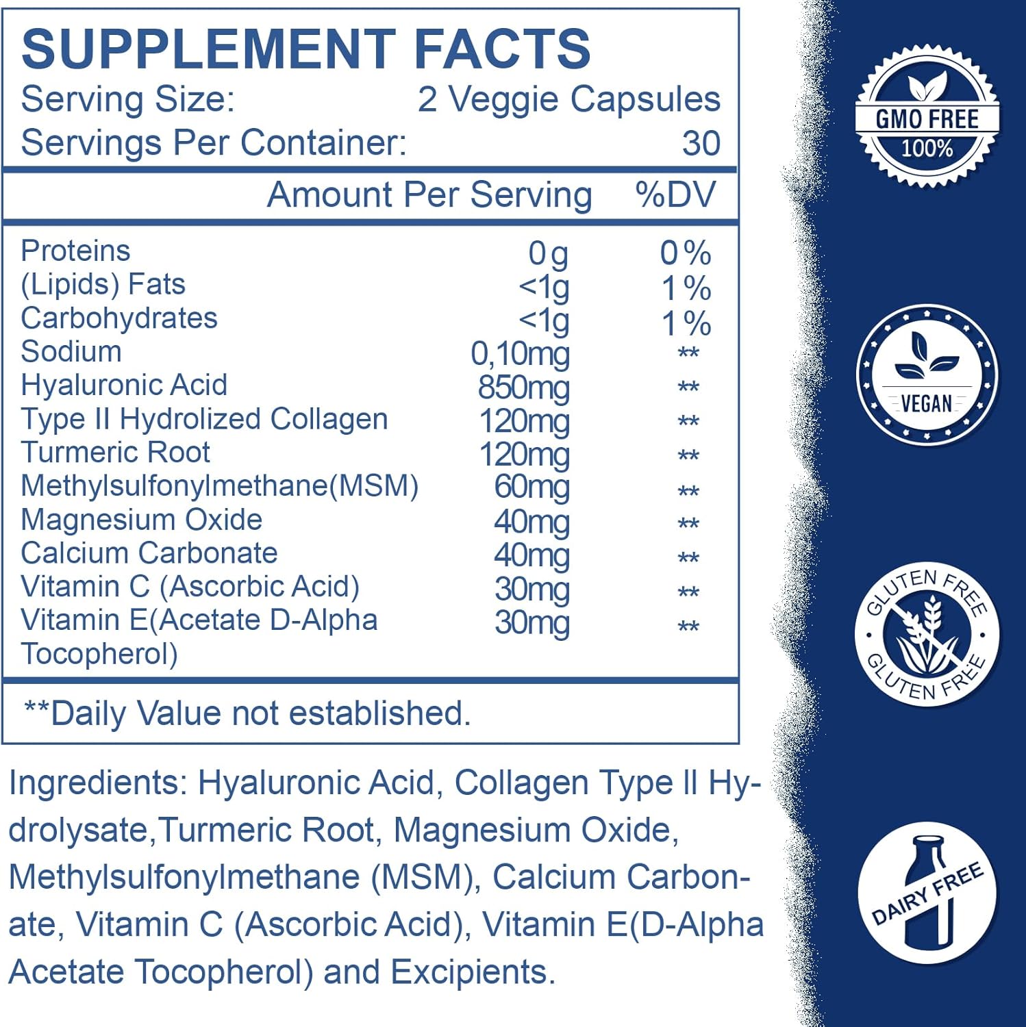 High Bioavailability Hyaluronic Acid Capsules for Skin and Joint Health - 850mg, 60 Capsules (Pack of 3)