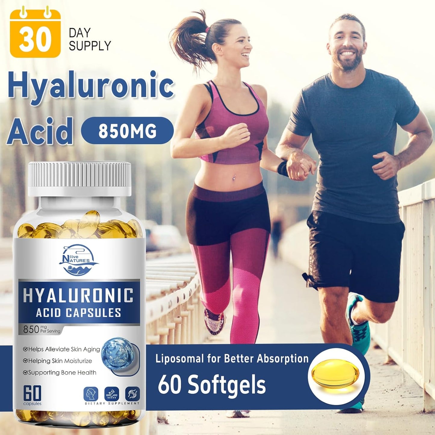High Bioavailability Hyaluronic Acid Capsules for Skin and Joint Health - 850mg, 60 Capsules (Pack of 3)