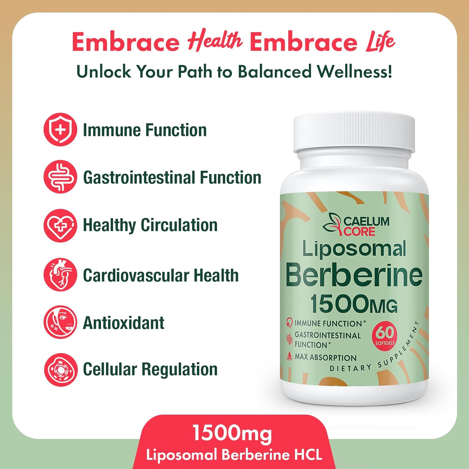 High Bioavailability Liposomal Berberine HCL Supplement - 1500mg Activates AMPK & GLP-1, Berberine for Overall Health Support - Women and Men, 1 Pack