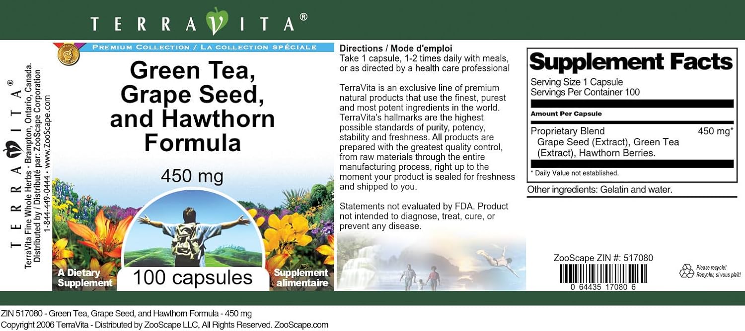 High Blood Pressure Support Capsules with Green Tea, Grape Seed, and Hawthorn Extract - 450mg (100 Count)