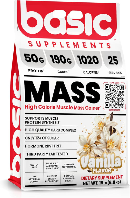 High-Calorie Mass Gainer Protein Powder for Muscle Growth & Recovery, Gluten-Free, RBST-Free, No Artificial Colors - 15lb Vanilla Flavor