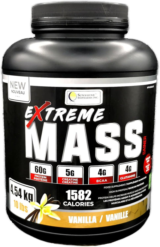 High Calorie Sunshine Biopharma Extreme Mass Weight Gainer Muscle Builder - 10 lbs (4.54 kg) - Fortified with Whey Protein & Low Sugar for Intense Workouts