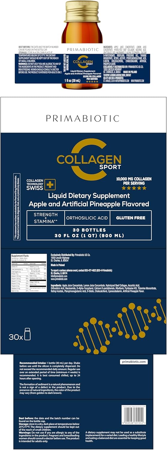 High Collagen Content Liquid Collagen Sport Drink with 10,000 Mg Per Serving - Hydrolyzed Collagen with 12 Vitamins for Bone Health, Hair, Nails - 30 Bottles x 30 ML