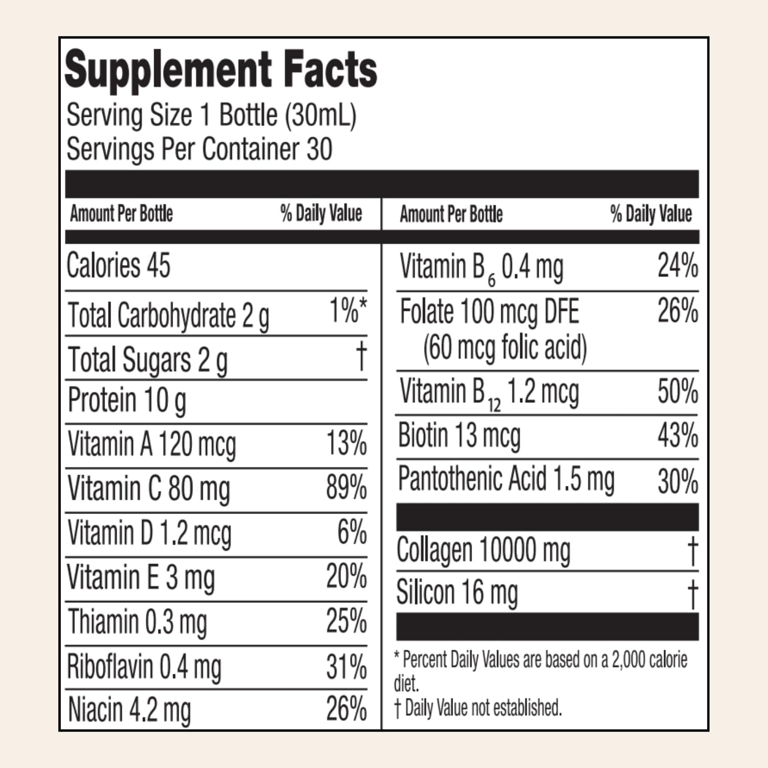 High Collagen Content Liquid Collagen Sport Drink with 10,000 Mg Per Serving - Hydrolyzed Collagen with 12 Vitamins for Bone Health, Hair, Nails - 30 Bottles x 30 ML