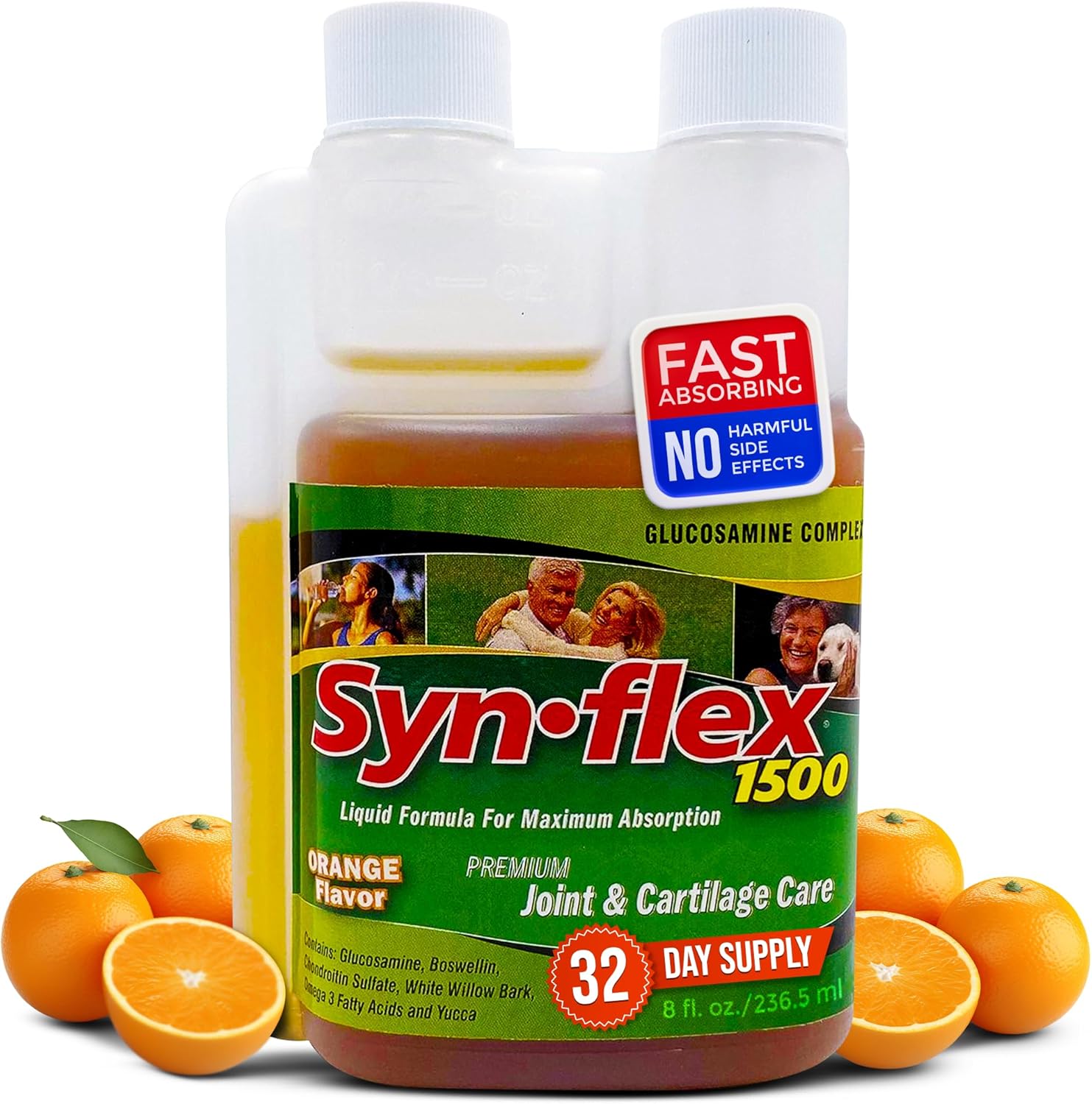 High Concentration 1500mg Liquid Glucosamine & Chondroitin with Orange Flavor - Supports Joint & Cartilage Health - Fast-Absorbing Formula with White Willow Bark, Manganese, and Boswellin - 32 Day Supply