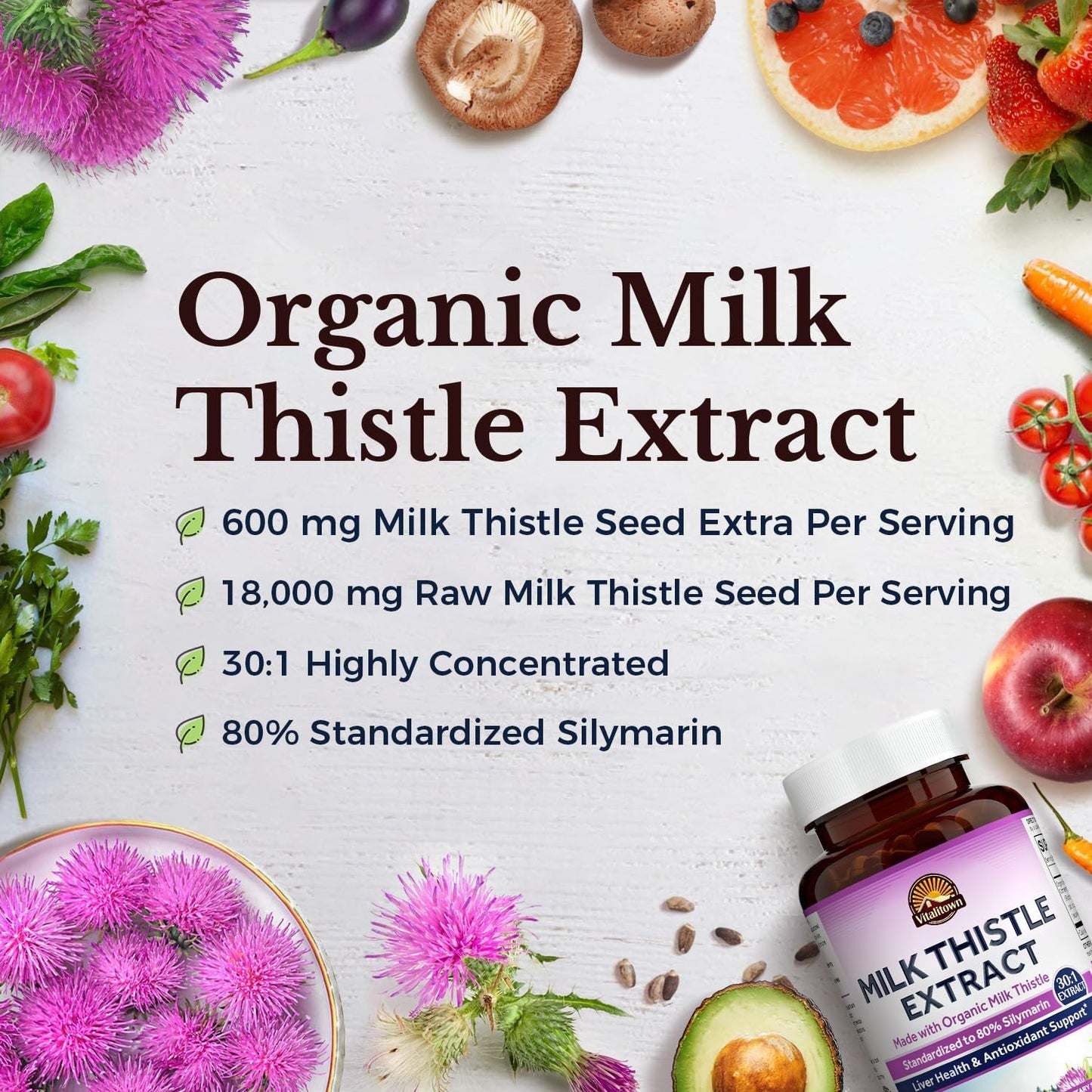 High Concentration Organic Milk Thistle Seed Extract 600mg - Liver Support & Detox - 120 Vegan Capsules - Equivalent to 18,000mg Silymarin - Vitalitown