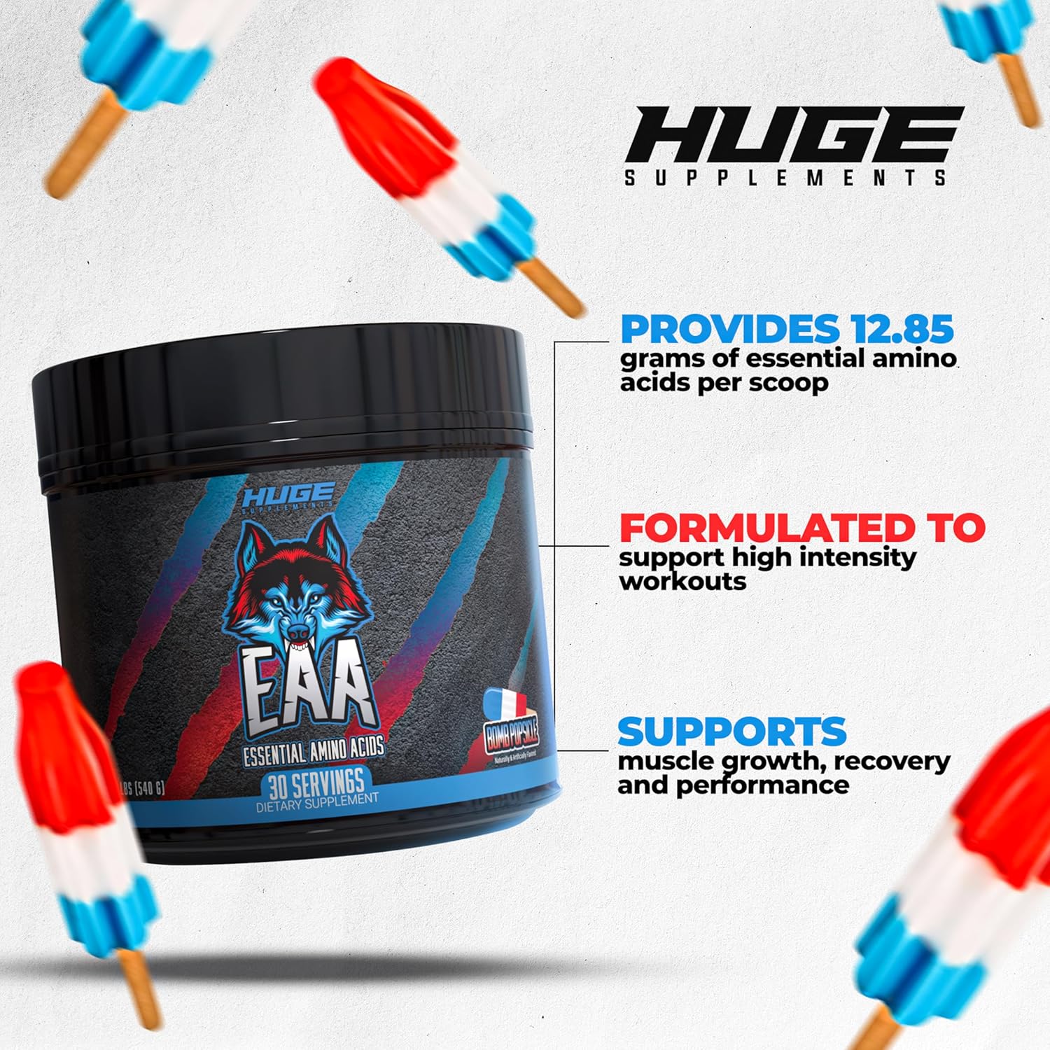 High-Dose Essential Amino Acids & BCAAs Powder for Muscle Growth, Recovery, Performance - 17.73 Oz, Bomb Popsicle Flavor