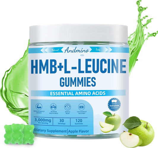 High-Dose HMB and L-Leucine Gummies with Trehalose for Muscle Growth and Recovery - 3000mg, Apple Flavor, 120 Count, Non-GMO Vegan Gluten Free