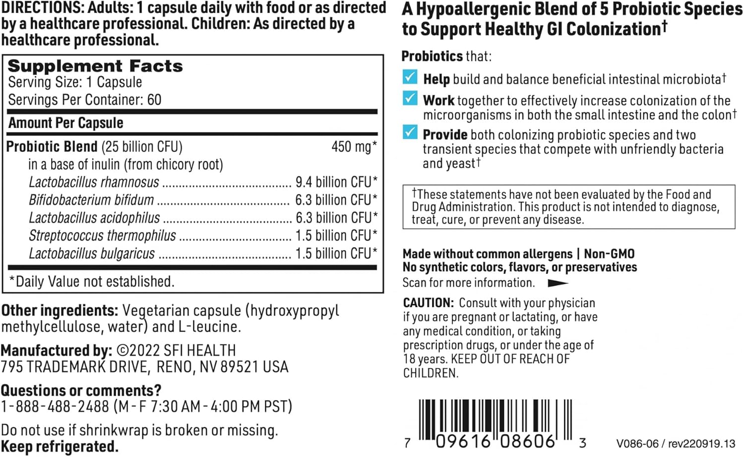 High-Dose Multispecies Probiotic Supplement with 25 Billion CFU - Gut Health Support for Men and Women - Hypoallergenic and Dairy-Free - 60 Capsules