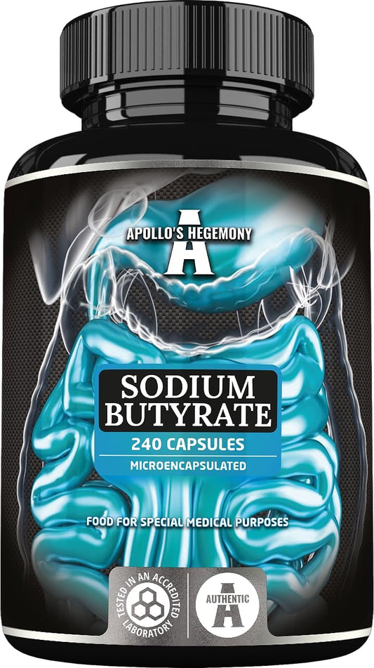 High Dose Sodium Butyrate Capsules 570mg (30% Butyric Acid) - 240 Vegan Capsules, 8 Month Supply - Intestinal Barrier Support by Apollo's Hegemony