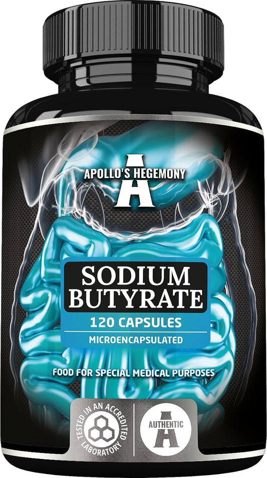 High Dose Sodium Butyrate Capsules 570mg (30% Butyric Acid) - 120 Vegan Capsules - 4 Month Supply - Gut Health Support - Apollo's Hegemony