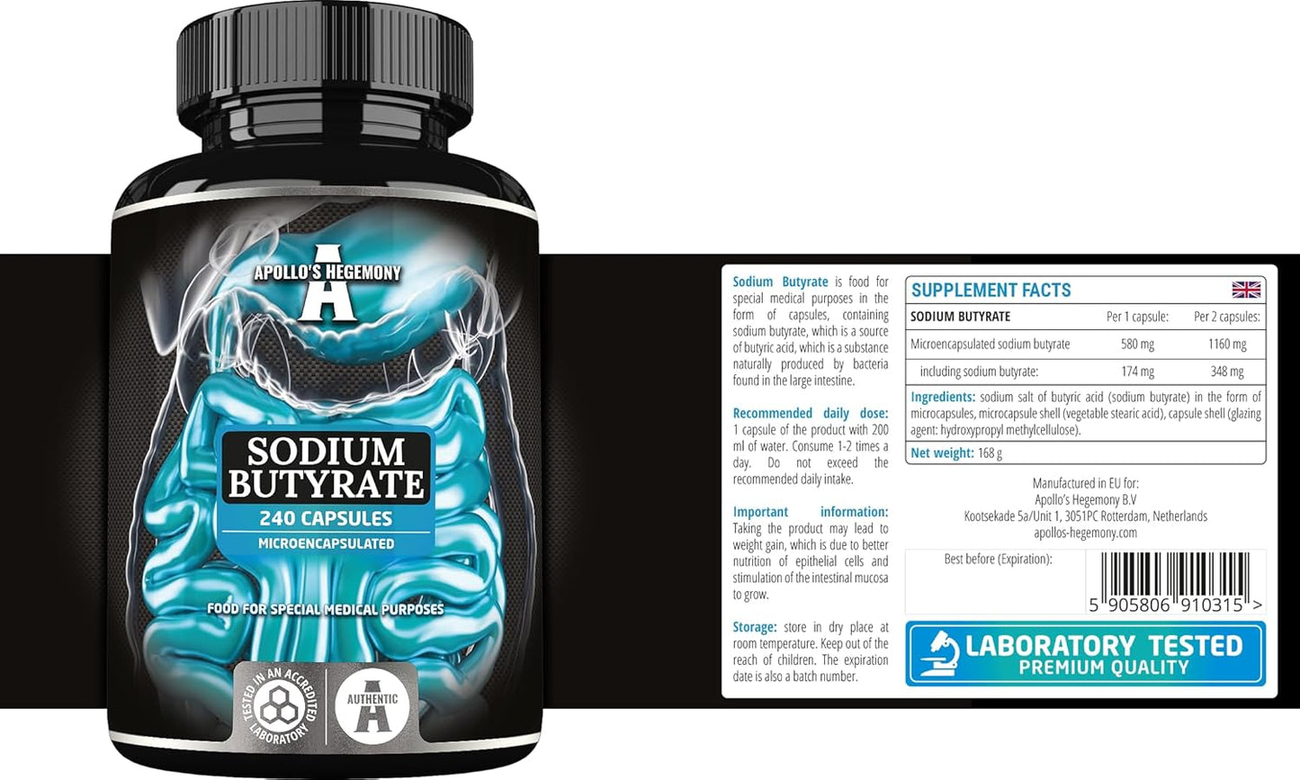 High Dose Sodium Butyrate Capsules 570mg (30% Butyric Acid) - 240 Vegan Capsules, 8 Month Supply - Intestinal Barrier Support by Apollo's Hegemony