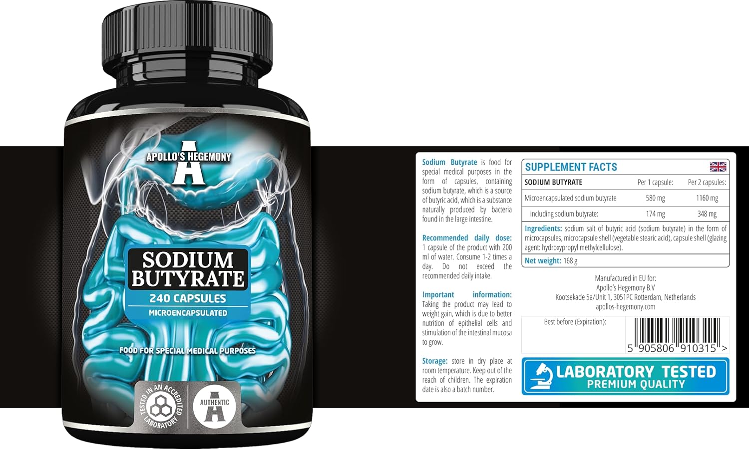 High Dose Sodium Butyrate Capsules 570mg (30% Butyric Acid) - 240 Vegan Capsules, 8 Month Supply - Intestinal Barrier Support by Apollo's Hegemony