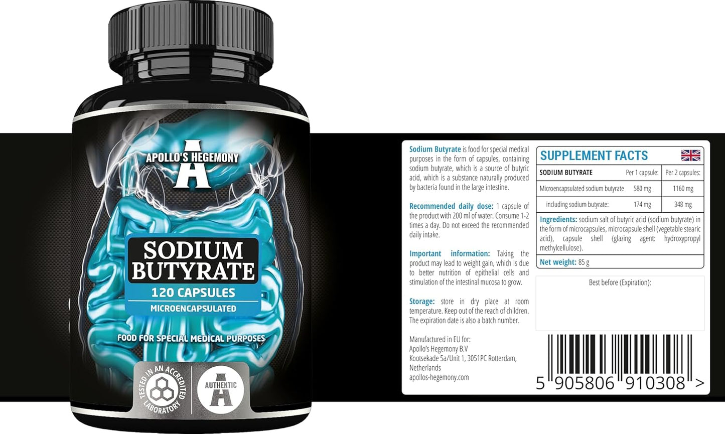 High Dose Sodium Butyrate Capsules 570mg (30% Butyric Acid) - 120 Vegan Capsules - 4 Month Supply - Gut Health Support - Apollo's Hegemony