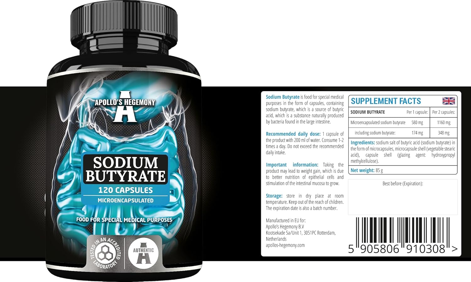 High Dose Sodium Butyrate Capsules 570mg (30% Butyric Acid) - 120 Vegan Capsules - 4 Month Supply - Gut Health Support - Apollo's Hegemony