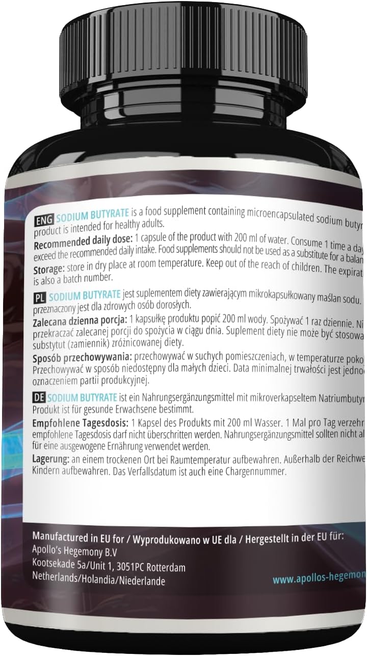 High Dose Sodium Butyrate Capsules 570mg (30% Butyric Acid) - 240 Vegan Capsules, 8 Month Supply - Intestinal Barrier Support by Apollo's Hegemony