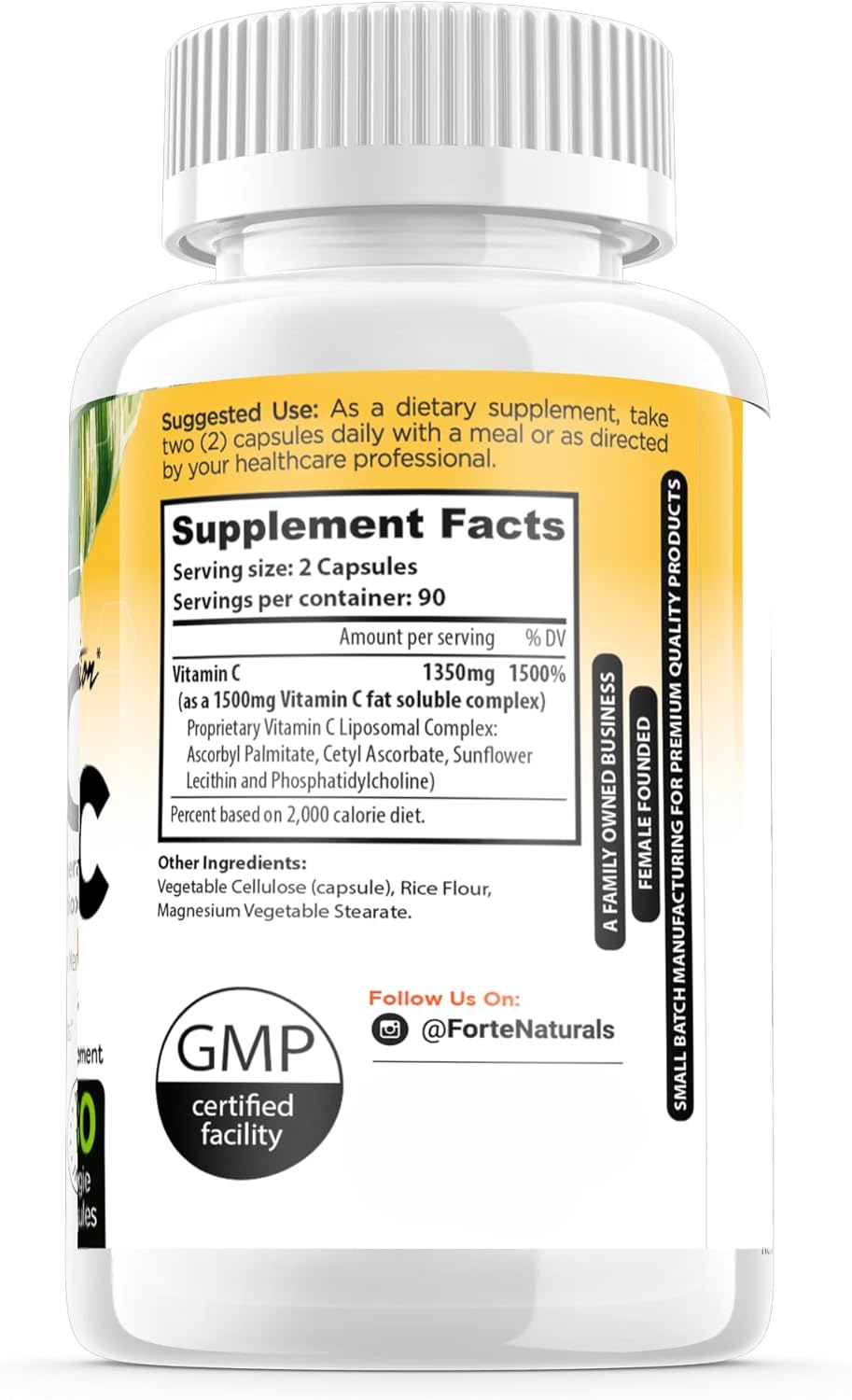 High Dose Vitamin C 1500mg Capsules with Sunflower Lecithin for Milk Flow - 180 Count