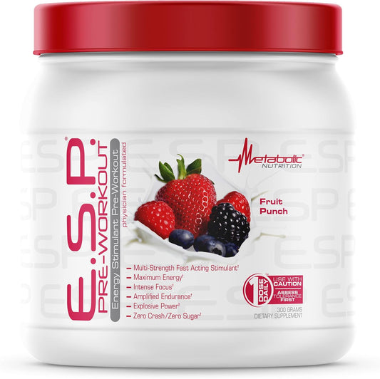 High Energy and Mental Focus Pre Workout Supplement, Fruit Punch Flavor, 300 Grams (90 Servings) - Metabolic Nutrition ESP
