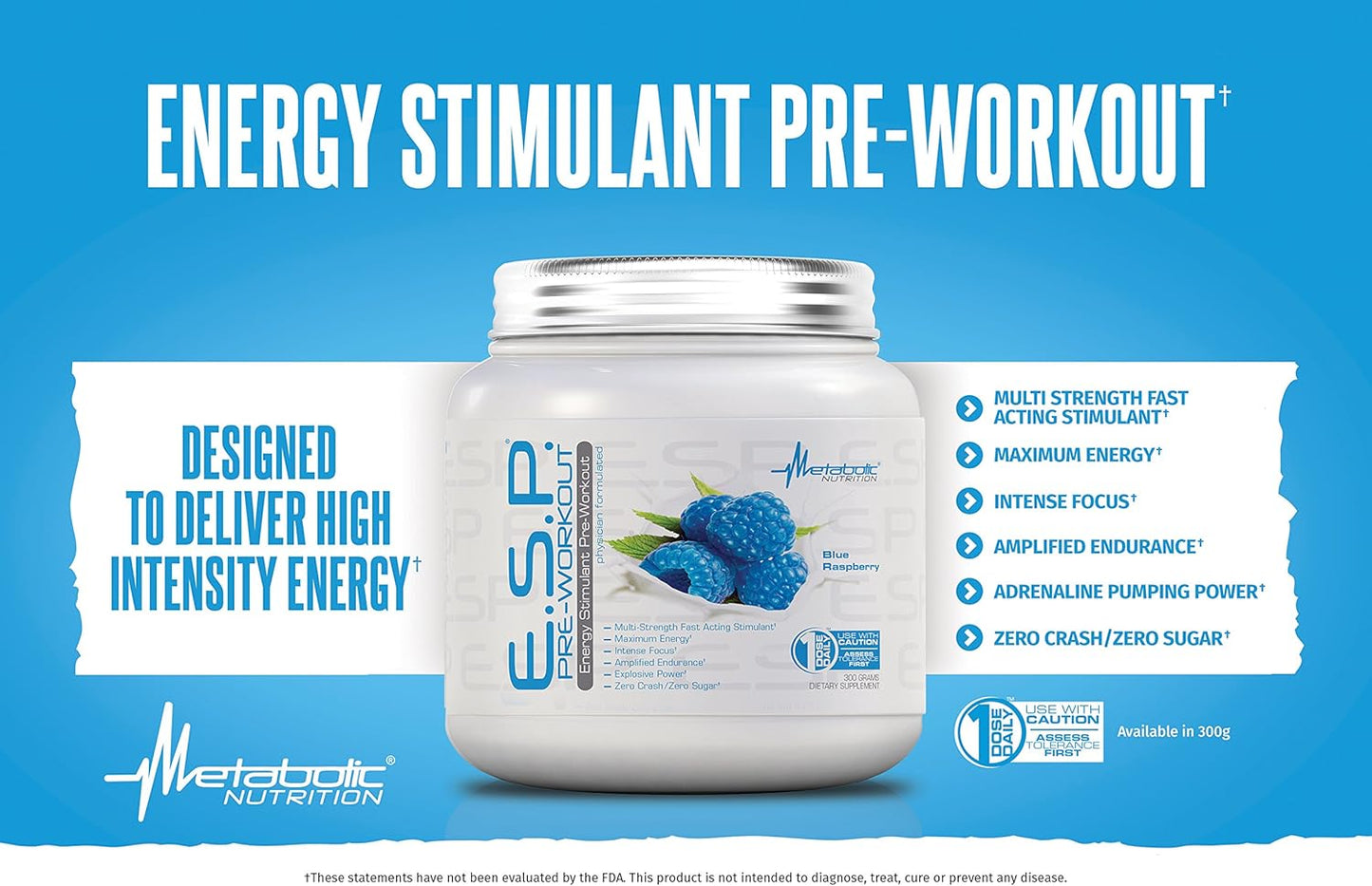 High Energy and Mental Focus Pre Workout Supplement, Fruit Punch Flavor, 300 Grams (90 Servings) - Metabolic Nutrition ESP