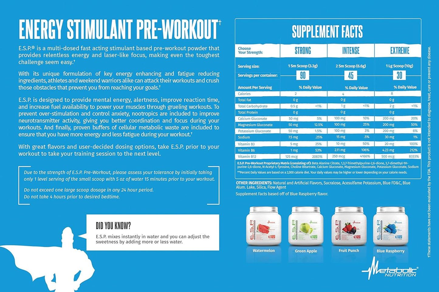 High Energy and Mental Focus Pre Workout Supplement, Fruit Punch Flavor, 300 Grams (90 Servings) - Metabolic Nutrition ESP