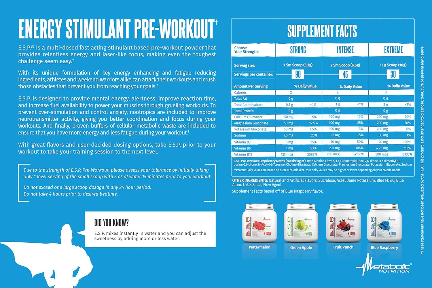 High Energy and Mental Focus Pre Workout Supplement, Fruit Punch Flavor, 300 Grams (90 Servings) - Metabolic Nutrition ESP