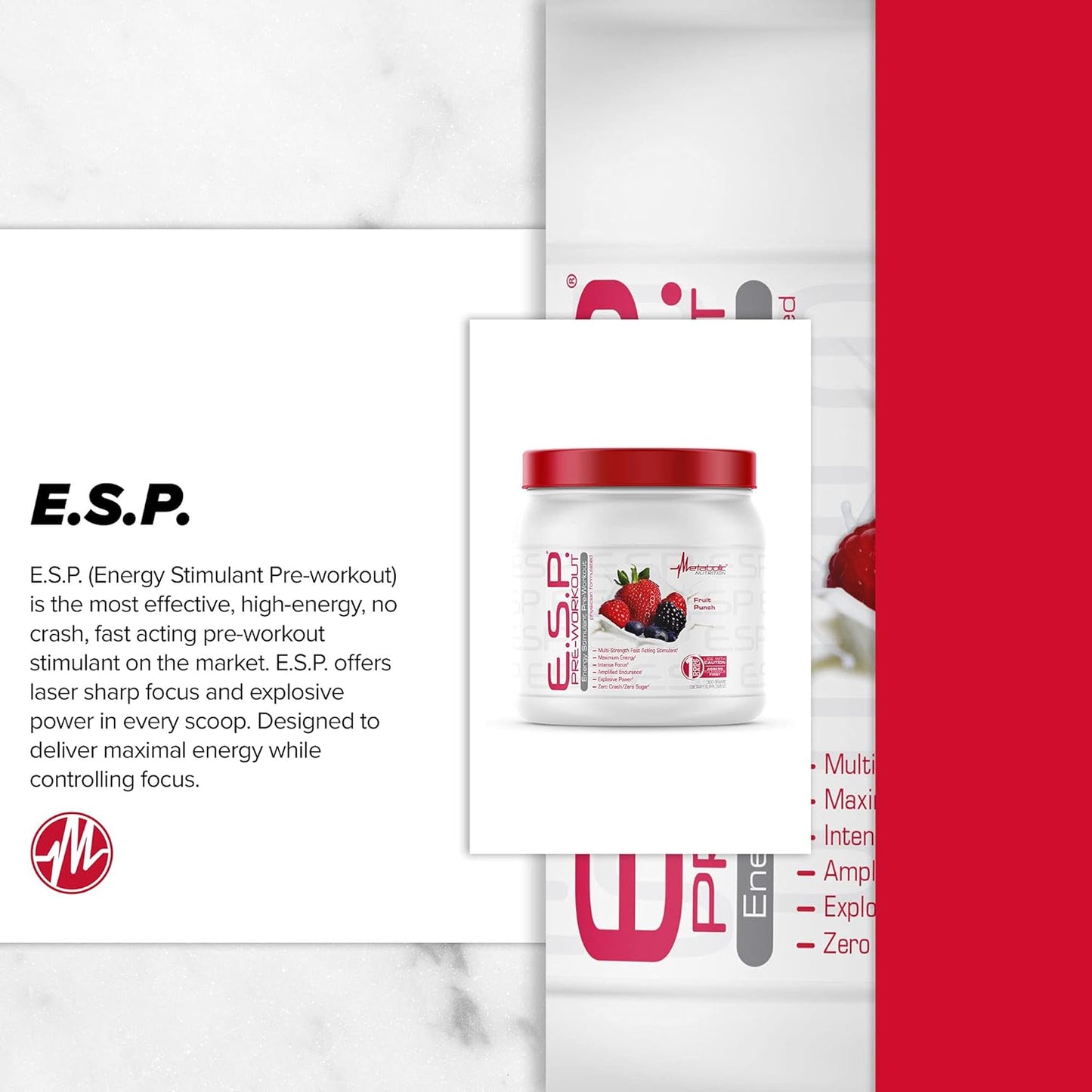 High Energy and Mental Focus Pre Workout Supplement, Fruit Punch Flavor, 300 Grams (90 Servings) - Metabolic Nutrition ESP
