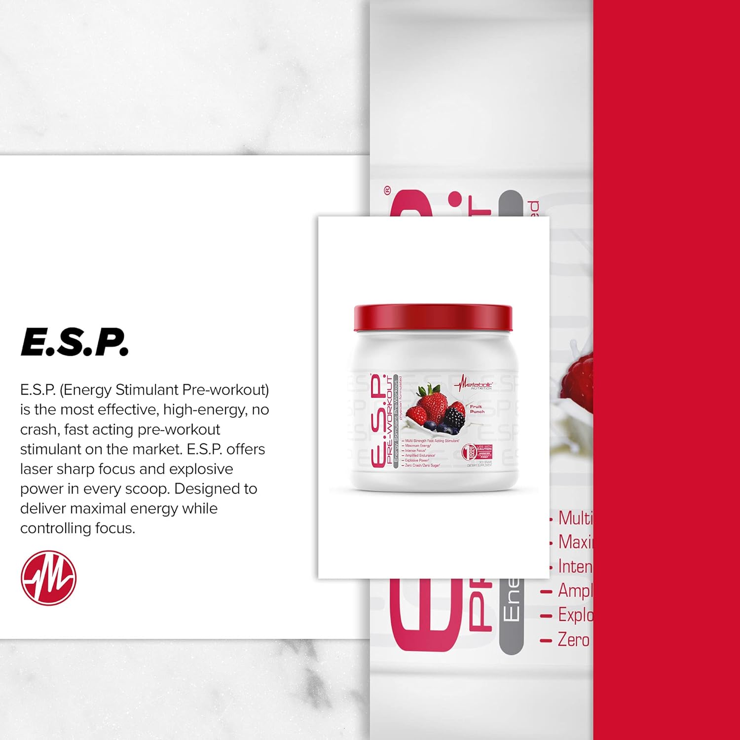 High Energy and Mental Focus Pre Workout Supplement, Fruit Punch Flavor, 300 Grams (90 Servings) - Metabolic Nutrition ESP