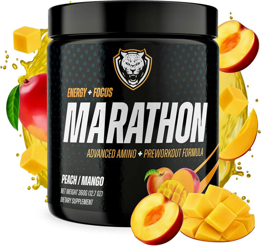 High Energy Peach Mango Pre Workout Powder for Distance Running - All Natural, Keto, Vegan Formula with Amino Acids, No Jitters - 40 Servings