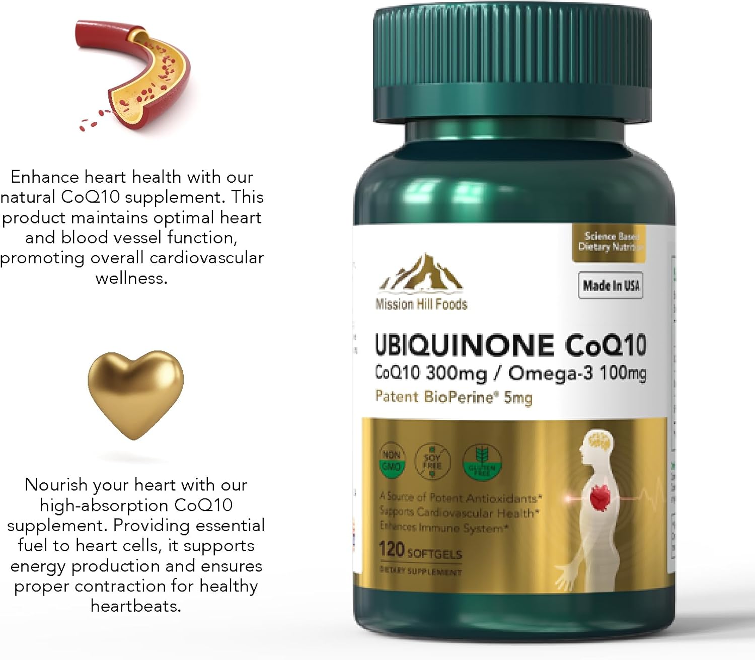 High EPA & DHA CoQ10 Omega-3 with BioPerine Softgels for Heart Health & Energy - 120 ct - Non-GMO & Gluten-Free