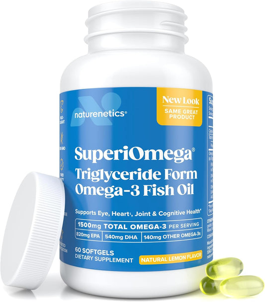 High EPA & DHA Omega-3 Fish Oil Softgels for Dry Eyes, Joints, Heart, and Brain - Lemon Flavor - 60 count