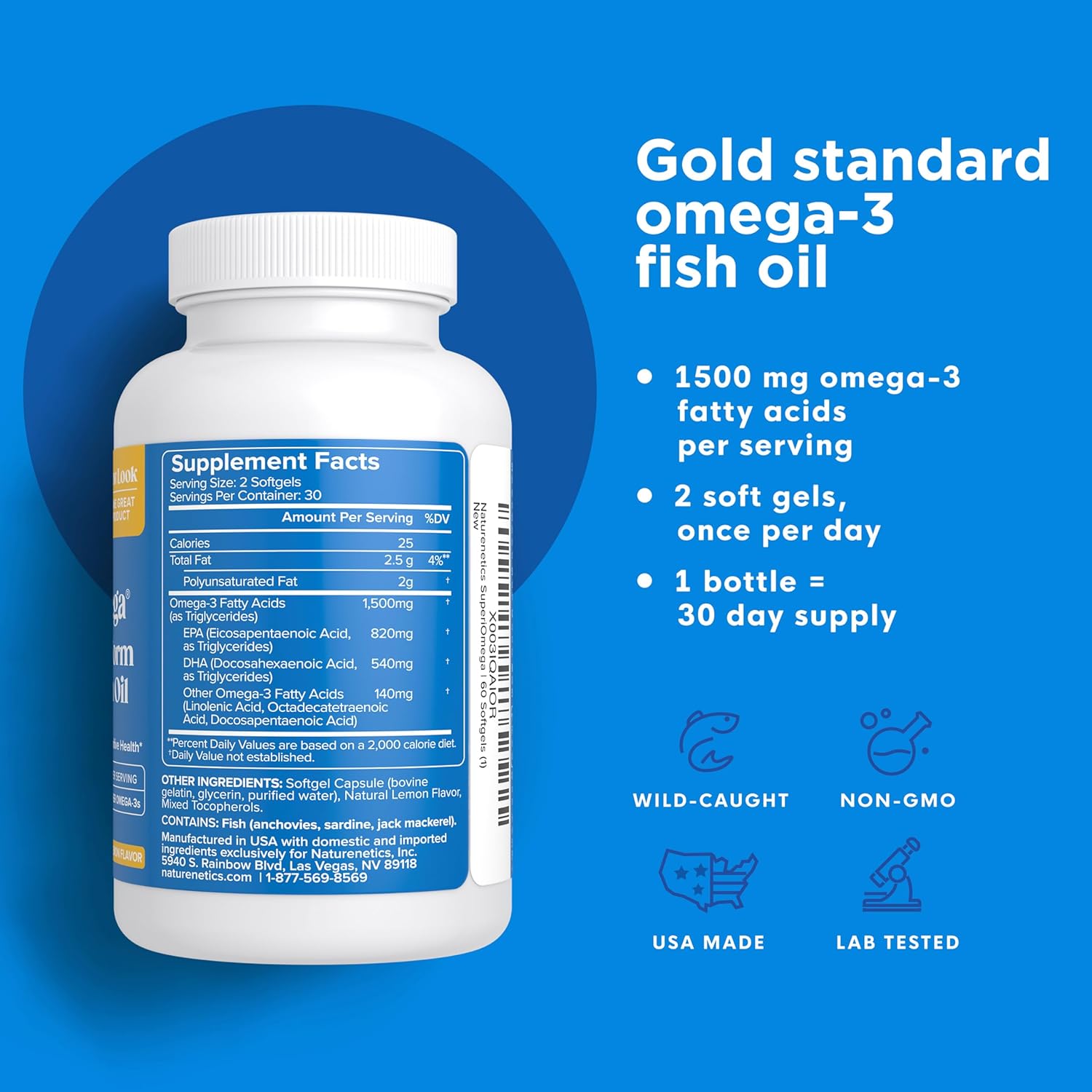 High EPA & DHA Omega-3 Fish Oil Softgels for Dry Eyes, Joints, Heart, and Brain - Lemon Flavor - 60 count