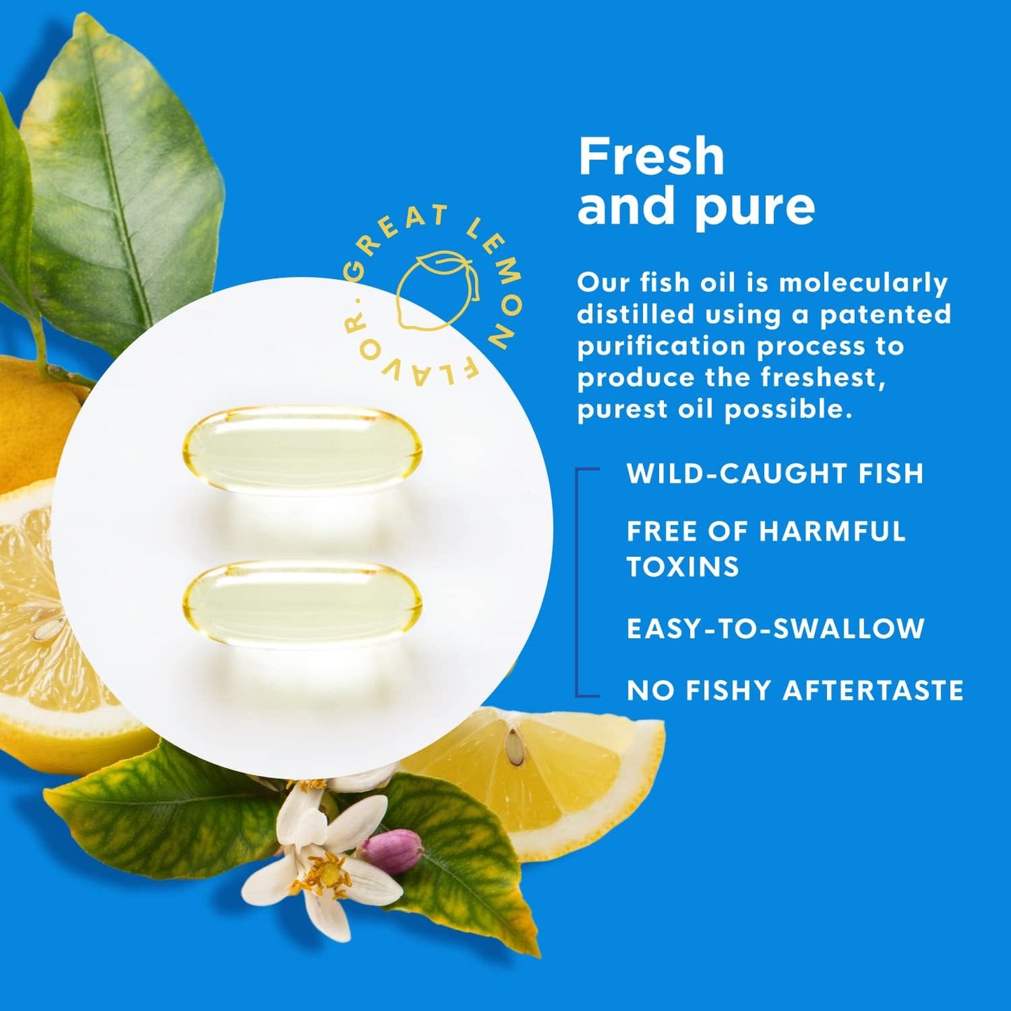 High EPA & DHA Omega-3 Fish Oil Softgels for Dry Eyes, Joints, Heart, and Brain - Lemon Flavor - 60 count