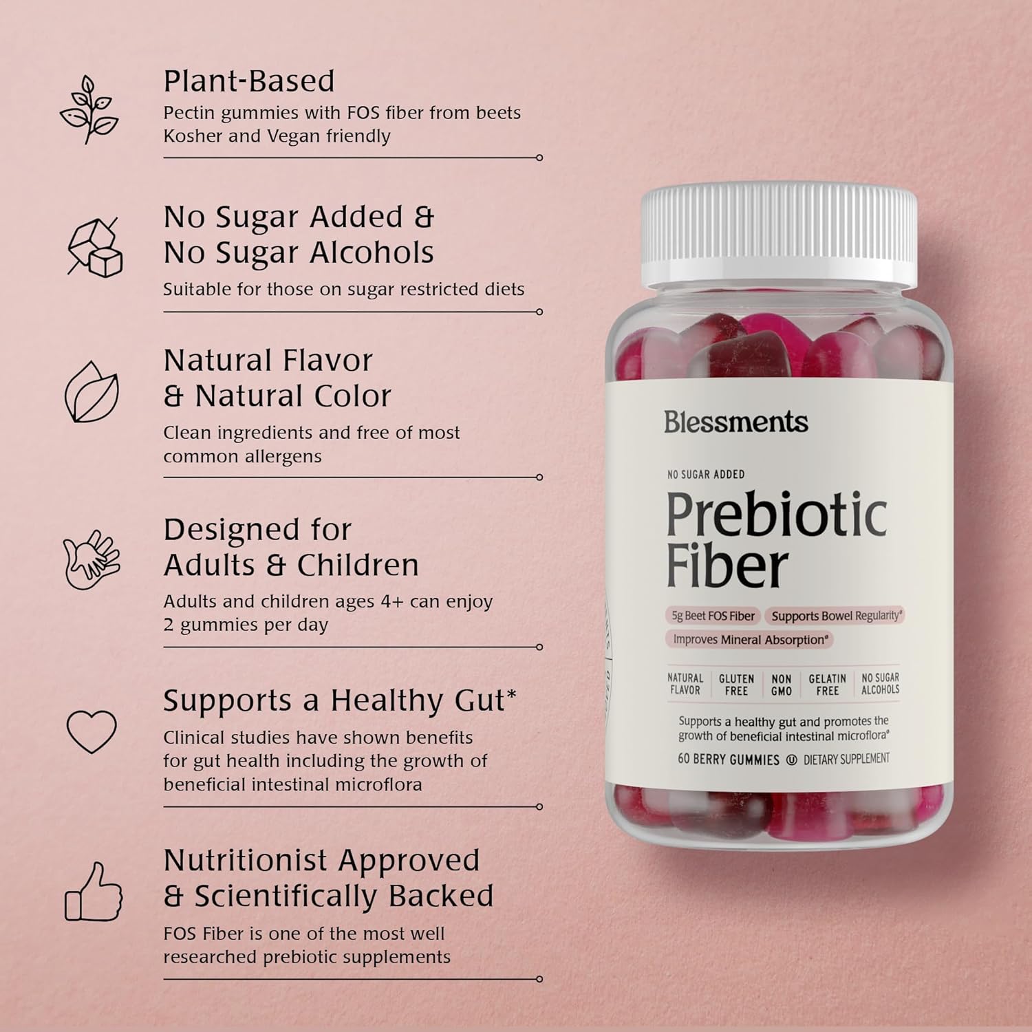 High Fiber Blessments Prebiotic Gummies for Adults & Kids - 5g (60 Count) Vegan & Keto Friendly Supplement for Digestive Health - No Added Sugar
